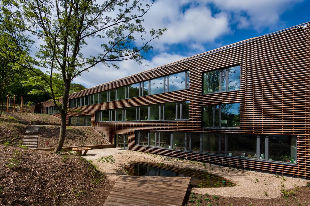 Dřevěná fasáda moderní budovy v přírodním prostředí.